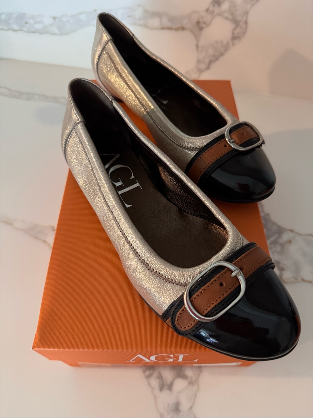 AGL Gold Ballet Flats with Black Patent Toe and Brown Buckle